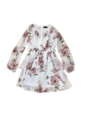 PrettyLittleThing Women's White Pink Floral Chiffon Long Sleeve Mini Dress US 0